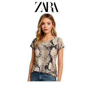 Zara Snakeskin Patterned Blouse Womens Medium Grey Black Cream Chic Top
